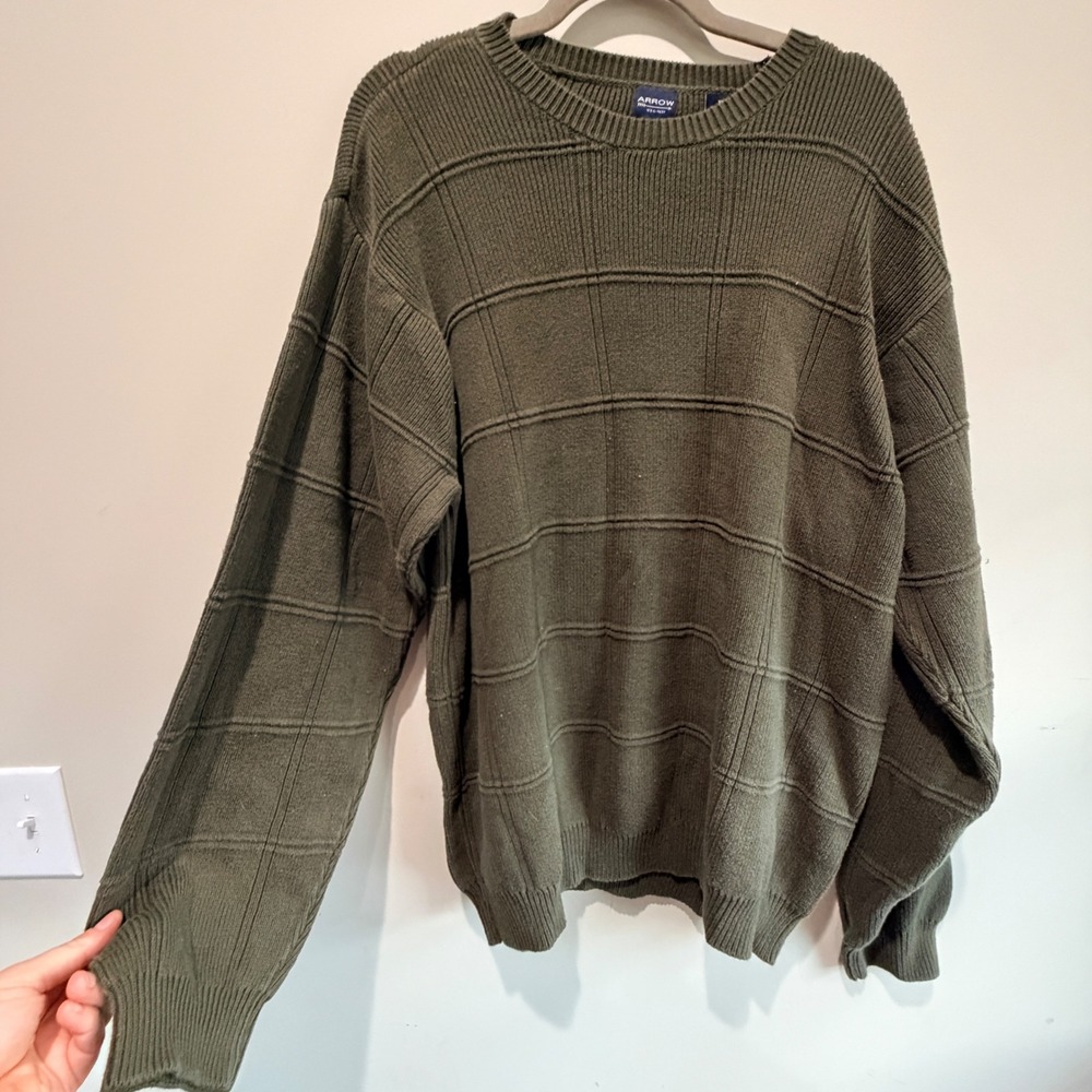 VTG Arrow Ribbed Grid Knit Sweater Women XL Olive Green Cotton Old Money Indie